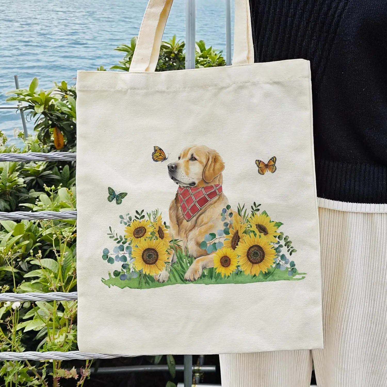 Dog Lover Canvas Shopping Bag Golden Retriever Sunflower Print Portable Tote Bag For Outings & Gifting