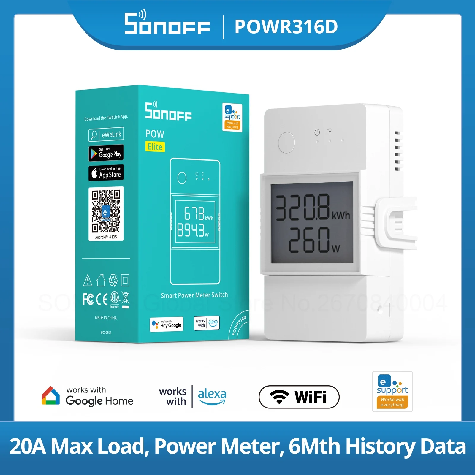 SONOFF POWR3 Elite Power Meter  Wifi 16A 20A LCD Energy Monitoring Switch Overload Protector Relay Device  EWeLink Alexa Google