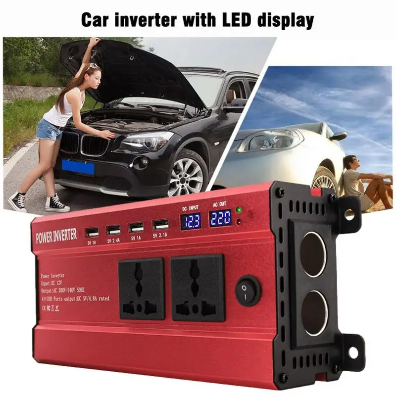 Car Inverter 1200Watts Power Inverter 4 USB Charging Ports 2AC Outlets Car Power Inverter With LCD Display Road Trip Essentials