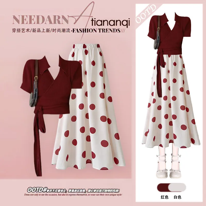 

Spring and Summer Set Women's Retro High-end Tie Up Cardigan Short Sleeved+red Polka Dot Skirt Two-piece Set