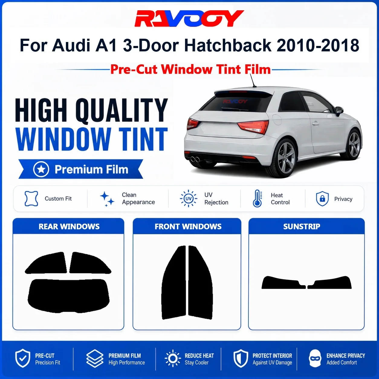 Premium Pre-Cut Window Tint For Audi A1 3-Door Hatchback 2010-2018 Front & Rear Windows UV Heat Rejection Privacy Film