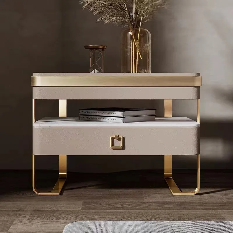 

Light luxury glass slate solid wood bedside table, modern simple