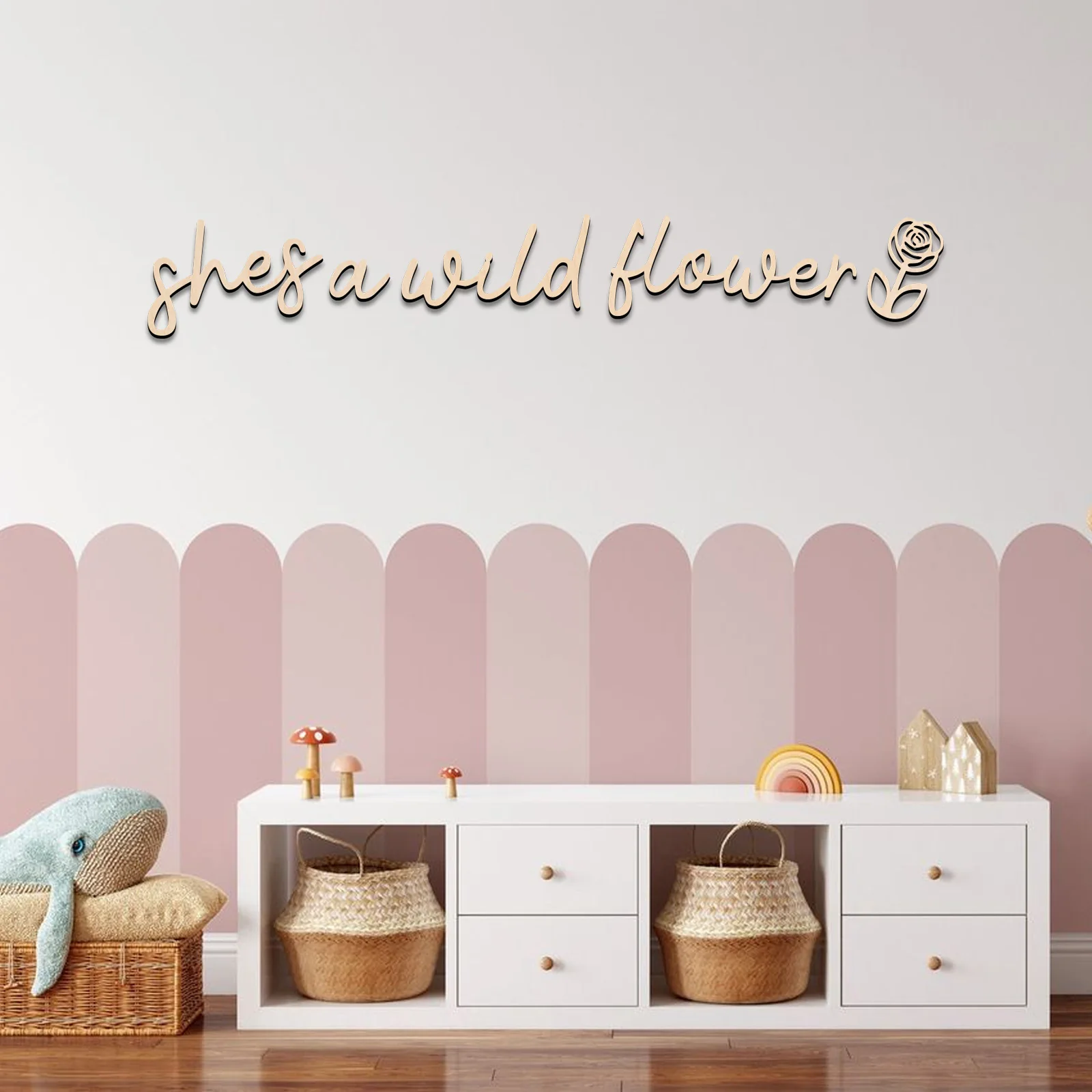 

She's a Wild Flower 3D Wooden Wall Art - Nursery Room Decor, Floral Script Sign, Boho Kids Wall Hanging (81.5x12.3cm)