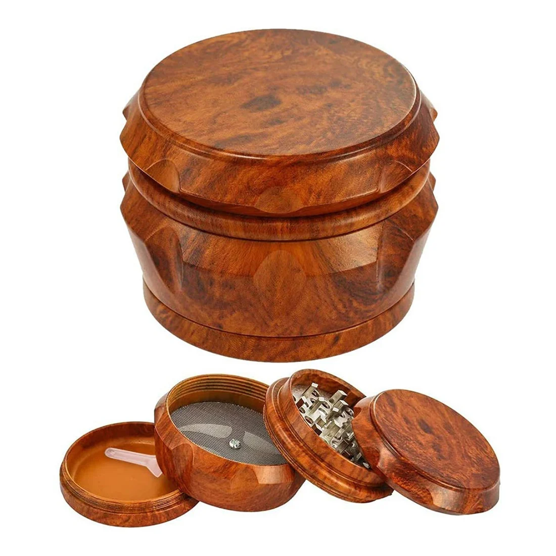 AA91 Wooden Grinder Large Capacity 4-Layer Grinder with Pollen Scraper Suitable for Home Kitchen Brown