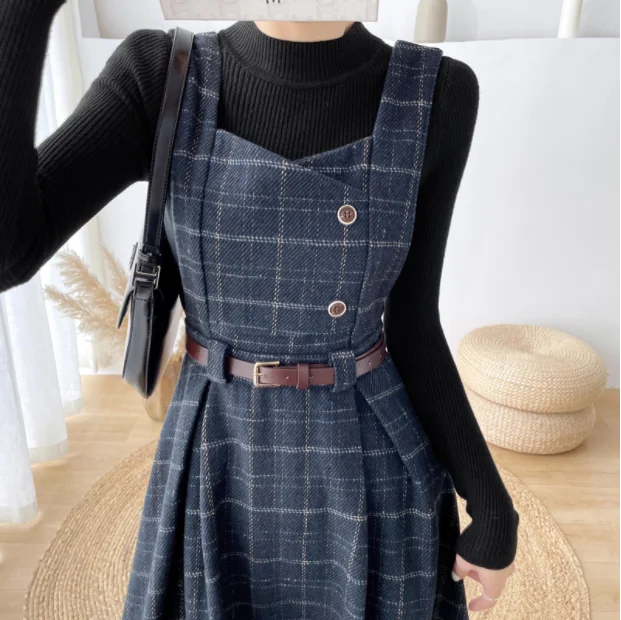 Hochwertige Herbst Winter Frauen Pullover Overalls Kleid Sets lässig gestrickte Tops kariertes Woll kleid 2 Stück Sets Outfits weiblich