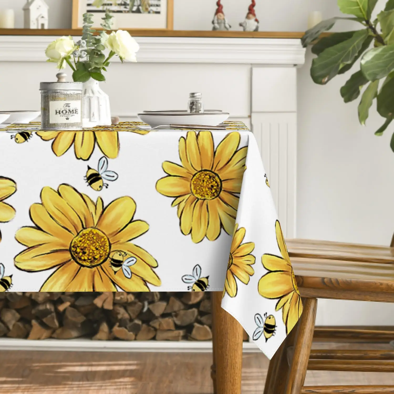 Spring Yellow Sunflower Printed Tablecloths Bumble Bee White Washable Table Cover for Kitchen Table Decor Wedding Party Decor