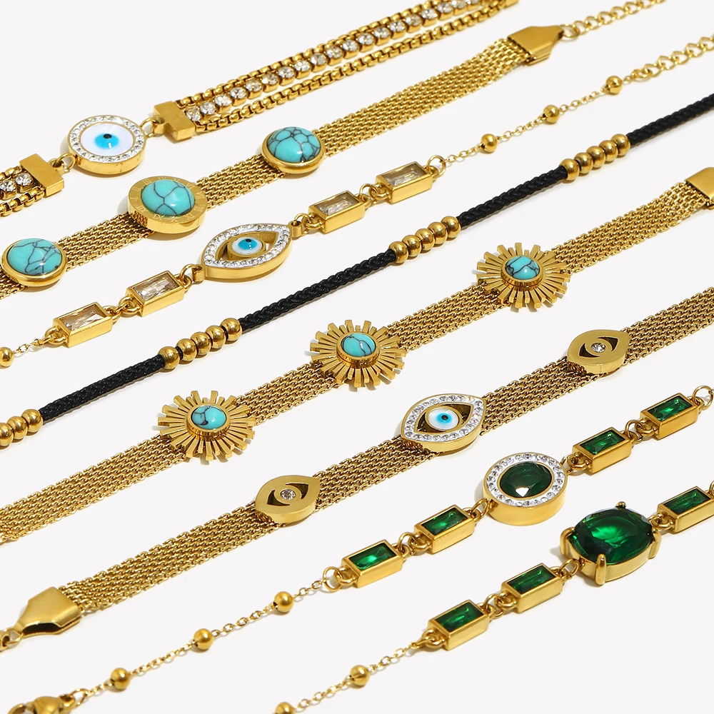 Black Rope Oval Flower Blue Turquoise Roman Digital Rhinestone Rectangular Rectangular Bracelet Stainless Steel 18K Gold Plated
