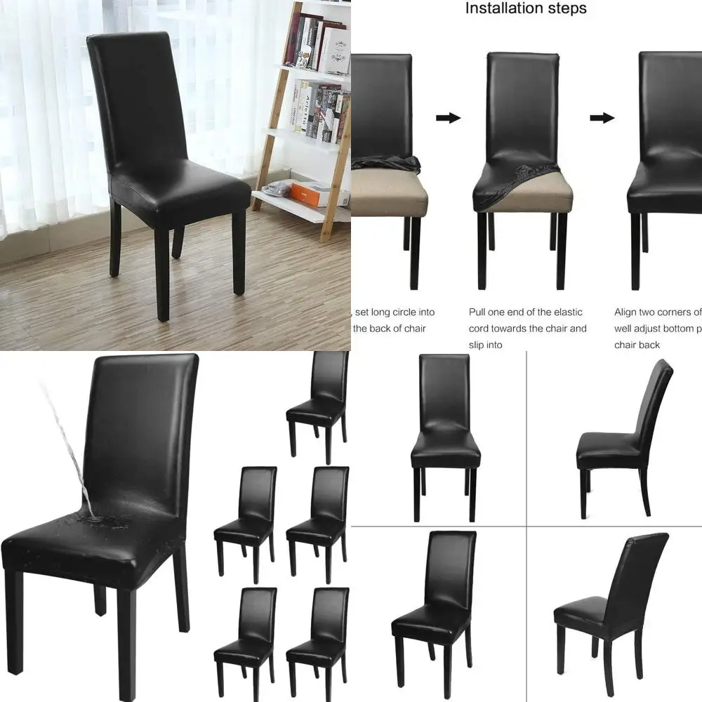 

6 Pack Black Waterproof & Oilproof PU Leather Stretch Dining Chair Protector Covers