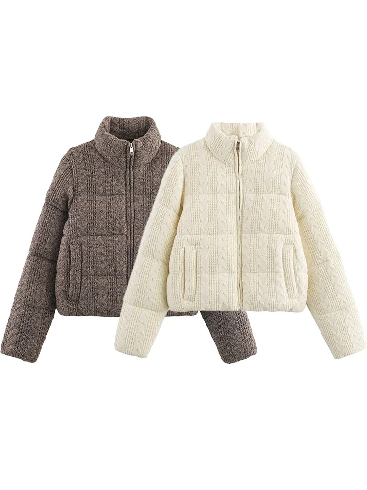 HH 女性用ハイストリートニットコート 無地 ハイネック 長袖 ポケット付き ジッパー付き 冬ファッション レディースショートジャケット 2色