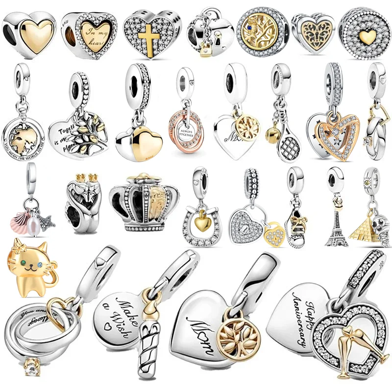 

925 Solid Silver Beads Golden Heart Feather Birthday Candle Ring Family Pendant Fit Original Pandora Charms Bracelet DIY Jewelry