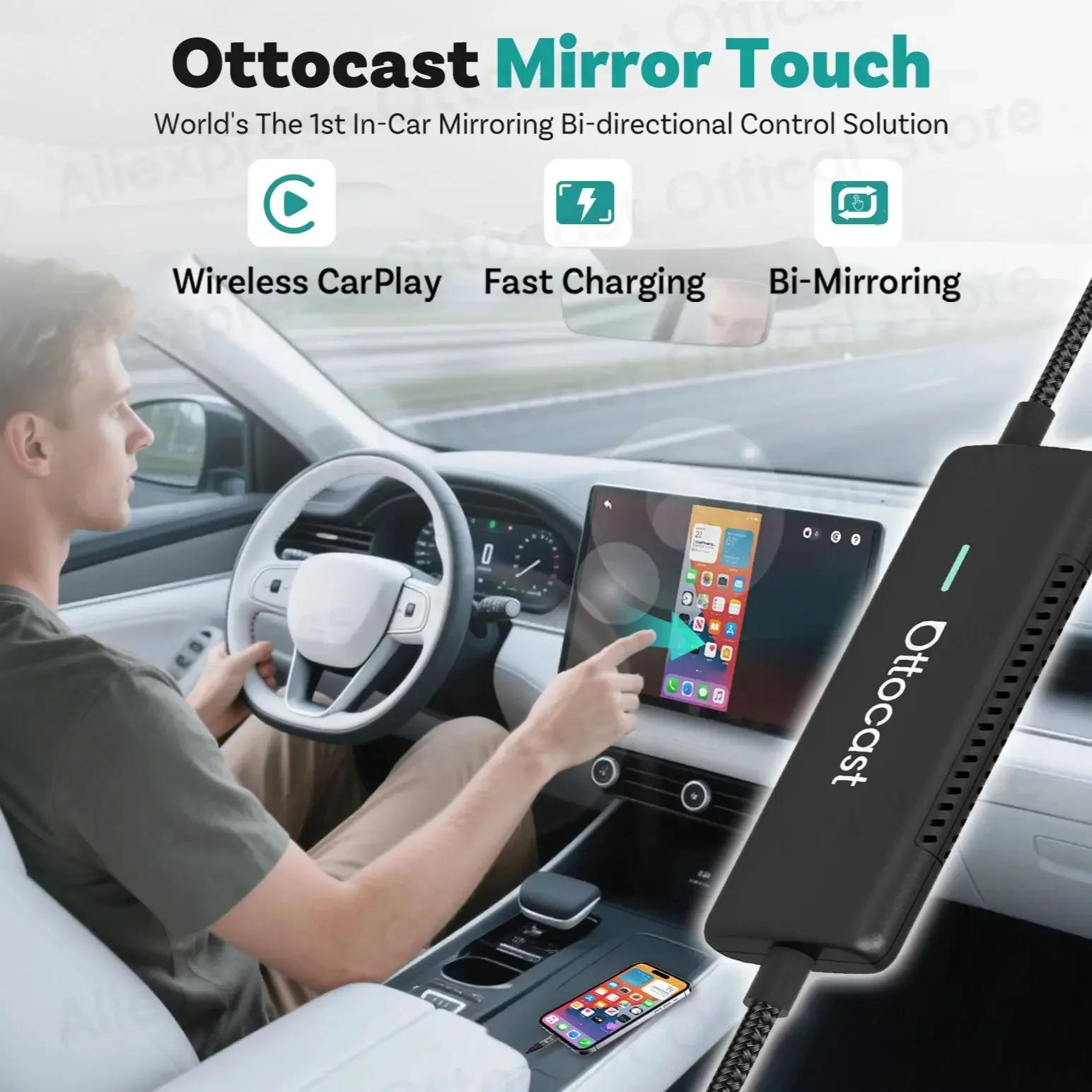 

OTTOCAST сенсорное зеркало с двумя зеркальными беспроводными CarPlay для iPhone 15 16 для Nissan Chevrolet Buick Peugeot Skoda, автомобильные аксессуары
