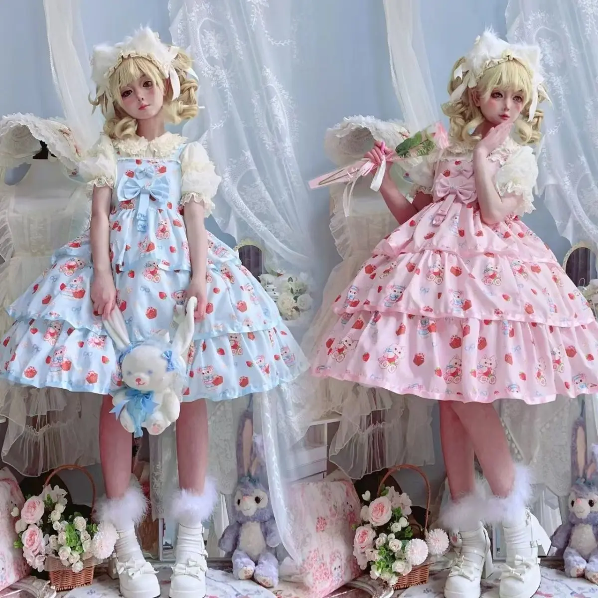 Japan Summer Girls Cute Flower Printing Cake Vestidos Lolita Dress Sweet Girls Tea Party High Waist Princess Bowknot Cos Lolita