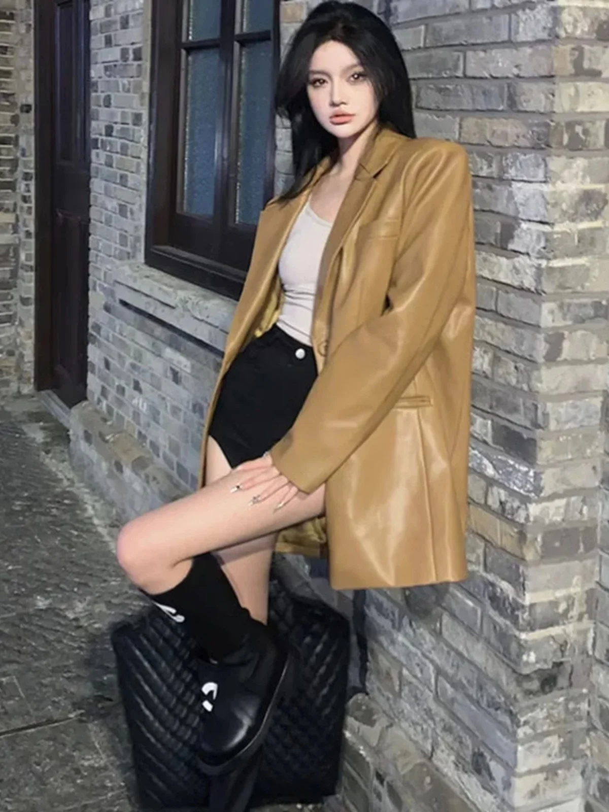 

Retro American Brown Suit Leather Jacket Women's Hong Kong Style Autumn New Korean Version Fashionable Jacket Top