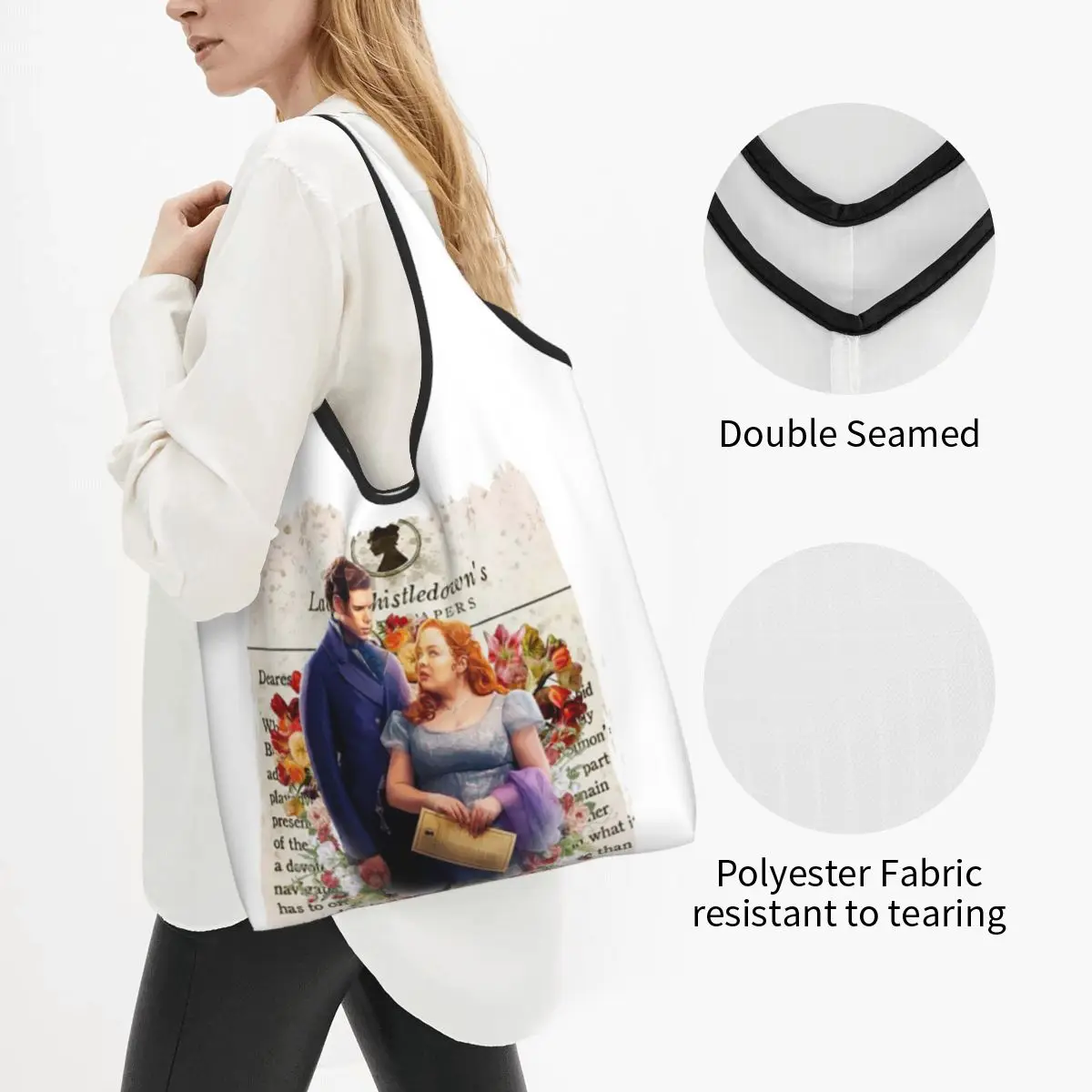 Whistledown Society Papers Netflix Portable Tote Shopping Bags Foldable Shopper Bag Groceries Handbag Shoulder Bag