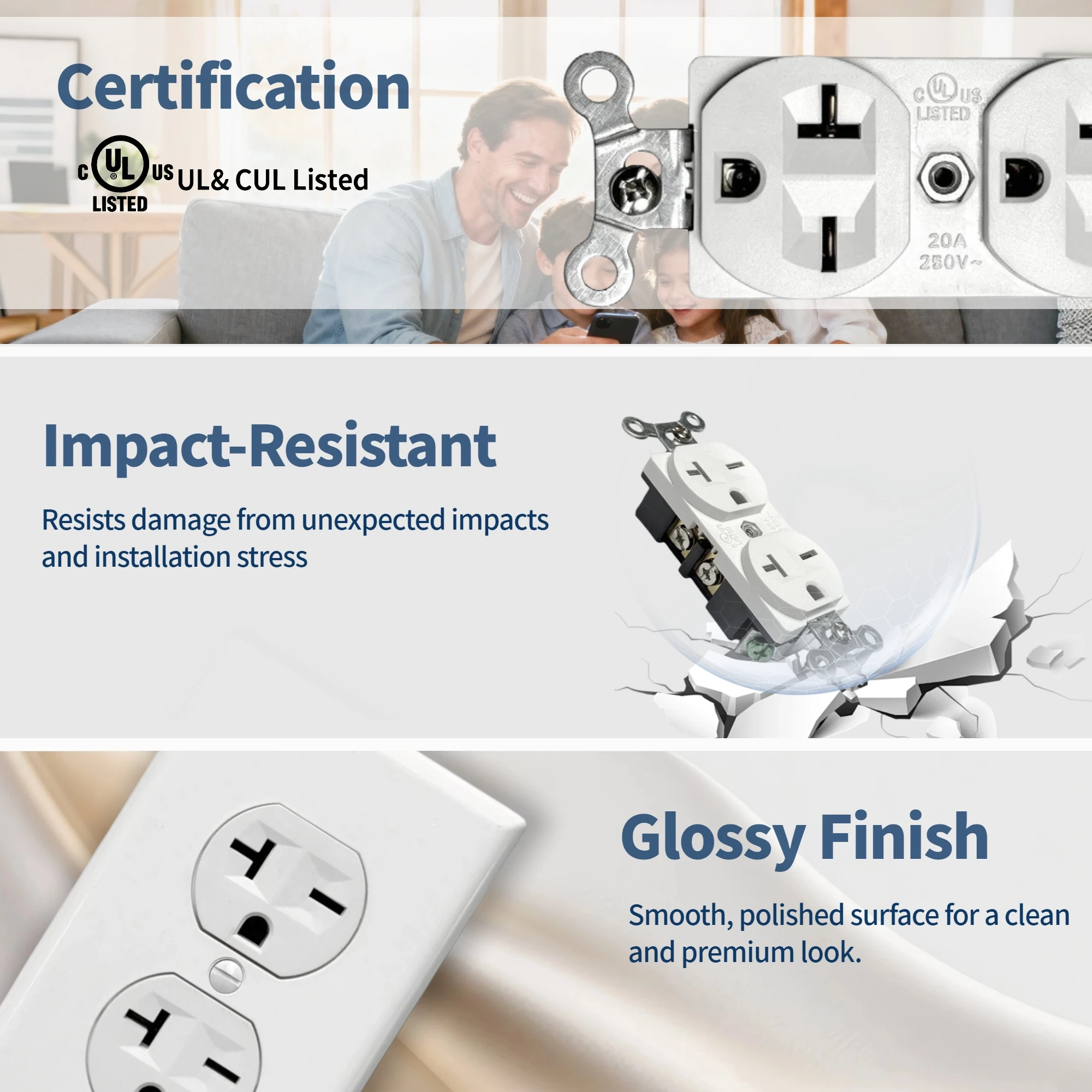 6-20R Duplex Wall Receptacle 20Amp 250V Side Wire 2 Pole 3 Wire Electrical Outlet For High Power Equipment None Tamper Resistant