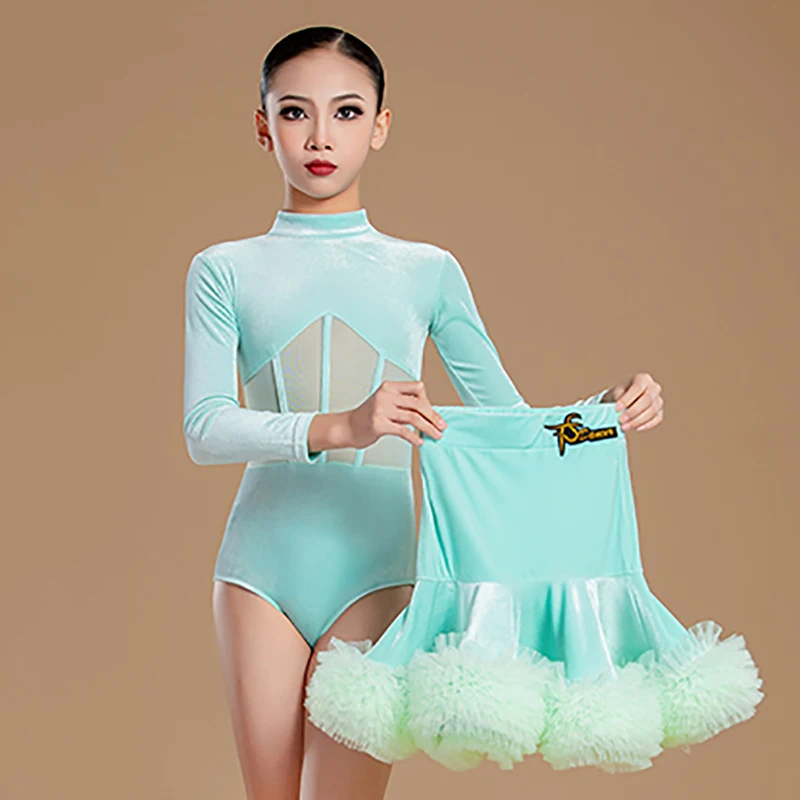 Vêtements de danse professionnels pour enfants filles, body d'hiver en velours pour danse latine et jupes en dentelle en maille, vêtements de danse pour pratique de Performance