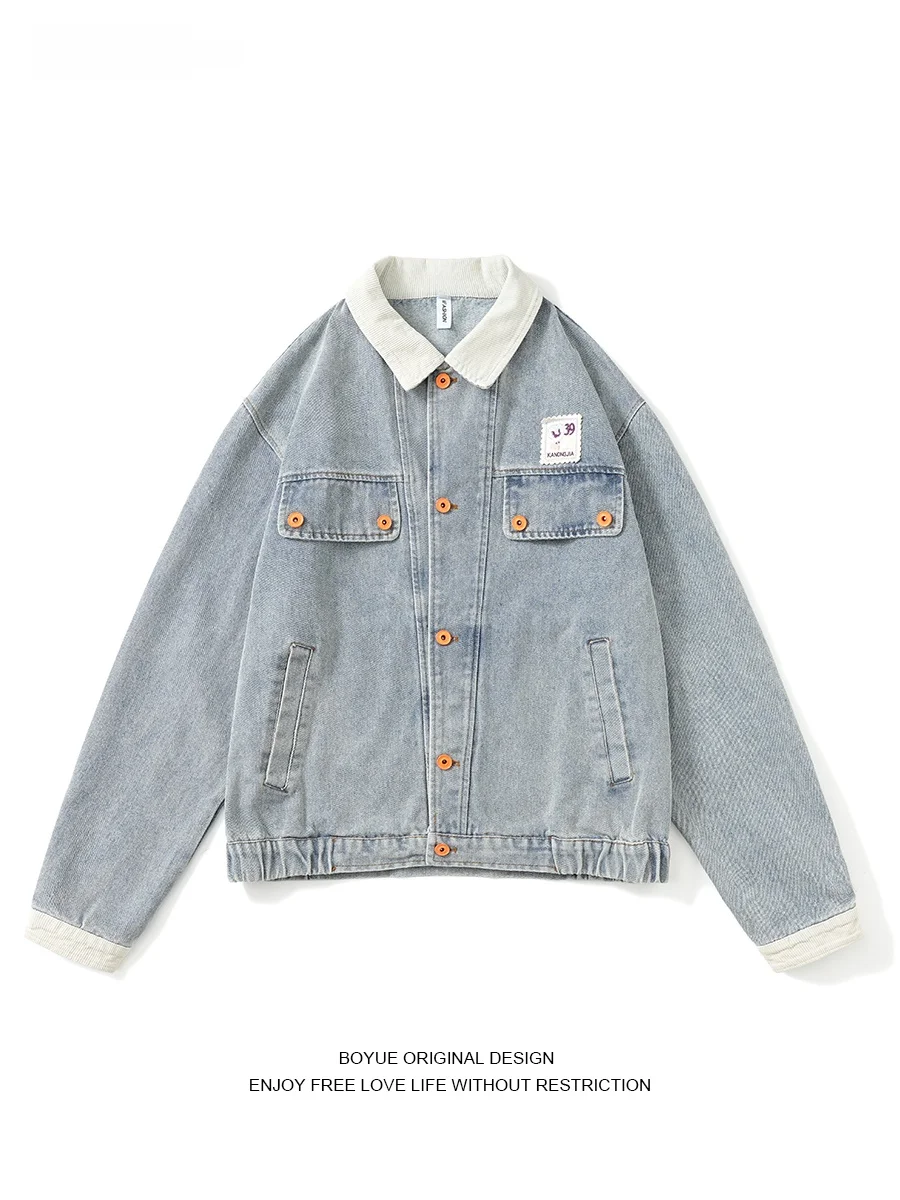 

Мужская куртка Boyue в американском ретро-стиле с воротником-стойкой, джинсовая, с вельветовыми вставками, винтажная рабочая одежда, молодежная мода, весна-осень...