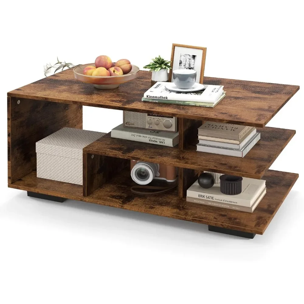 

Mid Century Modern Coffee Table with Storage Shelves, 3-Tier Rectangular Wooden Tea Table
