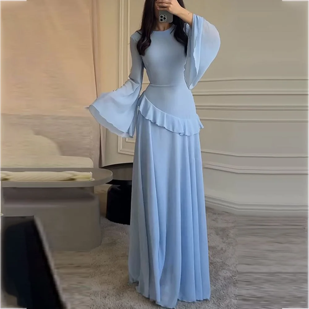 

Light Blue Ruched Evening Dresses A Line Trumpet Sleeves Full Party Gown O Neck Classic Formal Dinner Gale Prom Gown Vesdetio