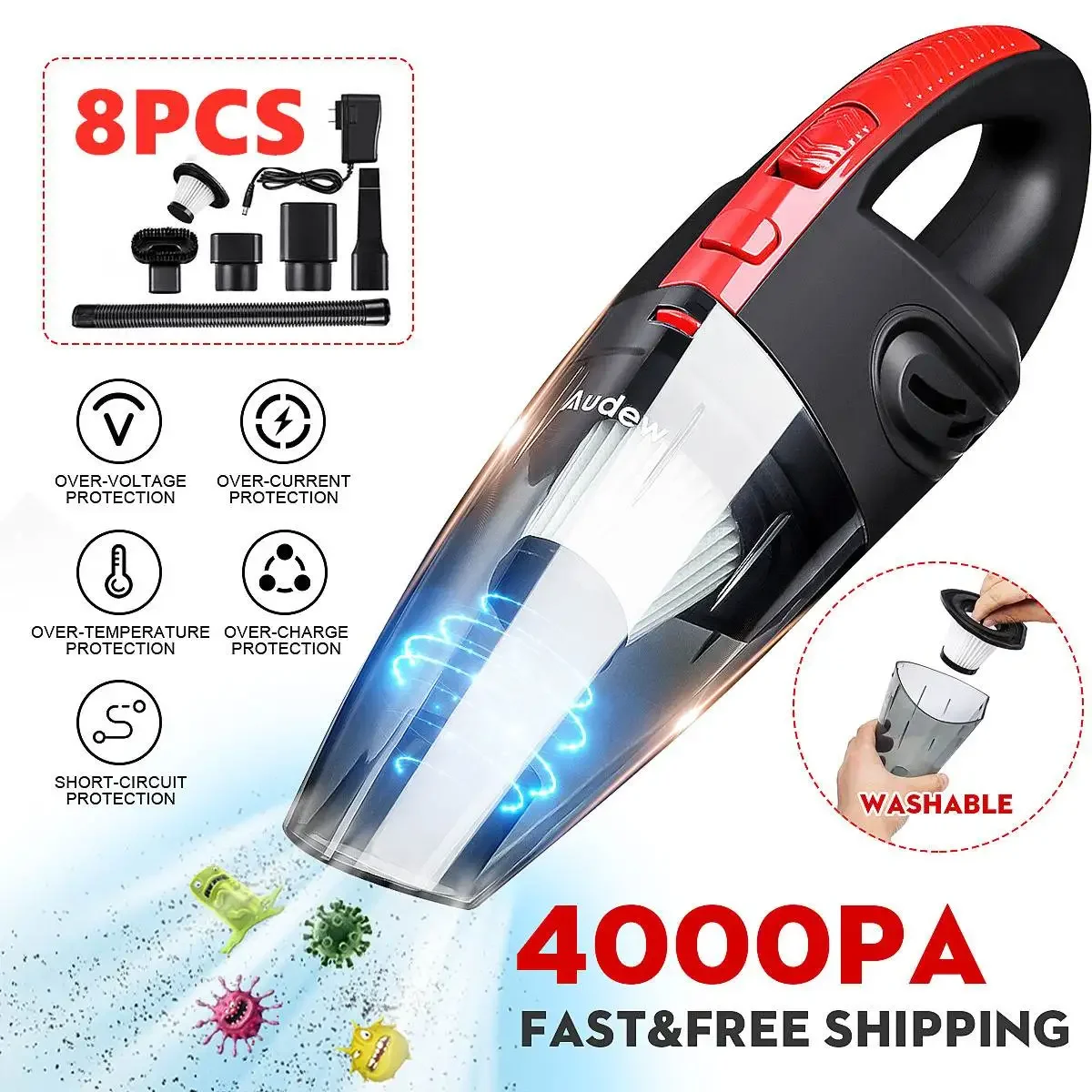 

AUDEW 120W 4000pa Handheld Home Vacuum Cleaner HEPA Filter Mini Portable Rechargeable Cordless Wet Dry Use 2200mAh