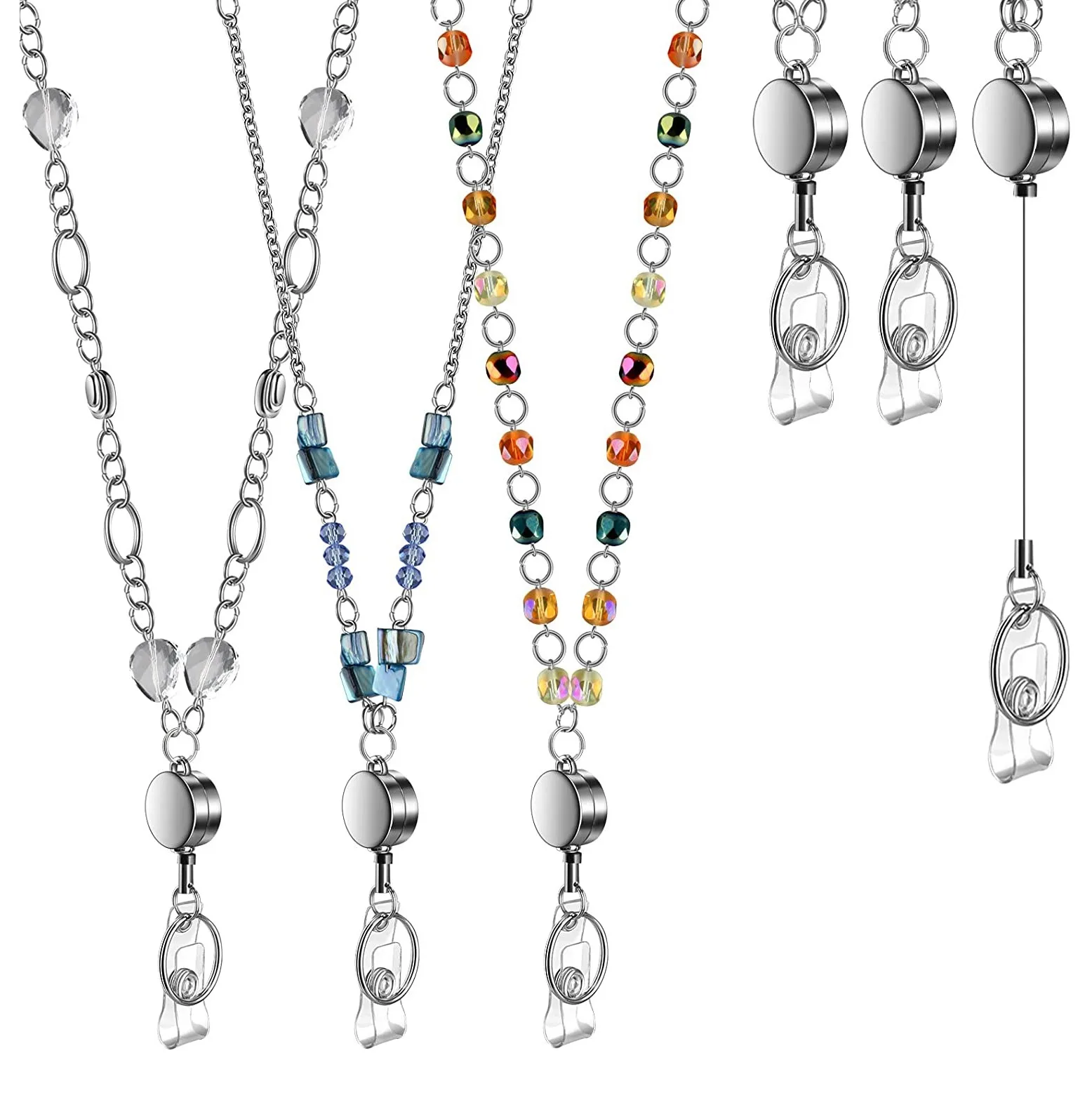 3 Pcs Retractable Badge Reels Lanyard with Name Card ID Holder for Beaded Badge Lanyard Necklace