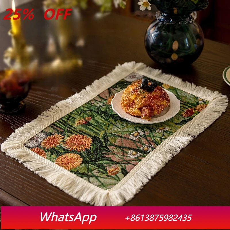 

LTT retro oil painting placemat jacquard art dining table tassel imitation cotton and linen mat