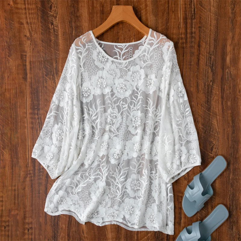 

100% Mulberry Silk Women Silk Blouse Embroidery Thin Transparent White Black O Neck 3/4 Sleeve Shirt Top Pullover L XL M1153