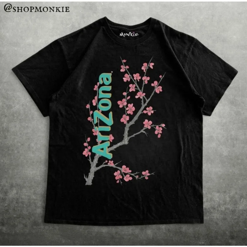 Arizona Green Tea Pattern T-shirt Retro Y2K Cherry Blossom T-shirt Men's T-shirt Harajuku Unisex Trendy Y2K Aesthetic T-shirt