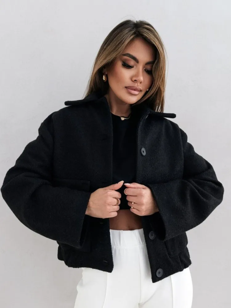 Autumn New Women's Casual Coat  Winter Fashion Long Sleeve V-Neck Elegant Solid Color Flip Collar Loose Coat Office Lady Clothes