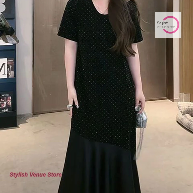 French style fashion temperament rhinestone dress female summer plus size loose slim casual Joker T-shirt little black dress