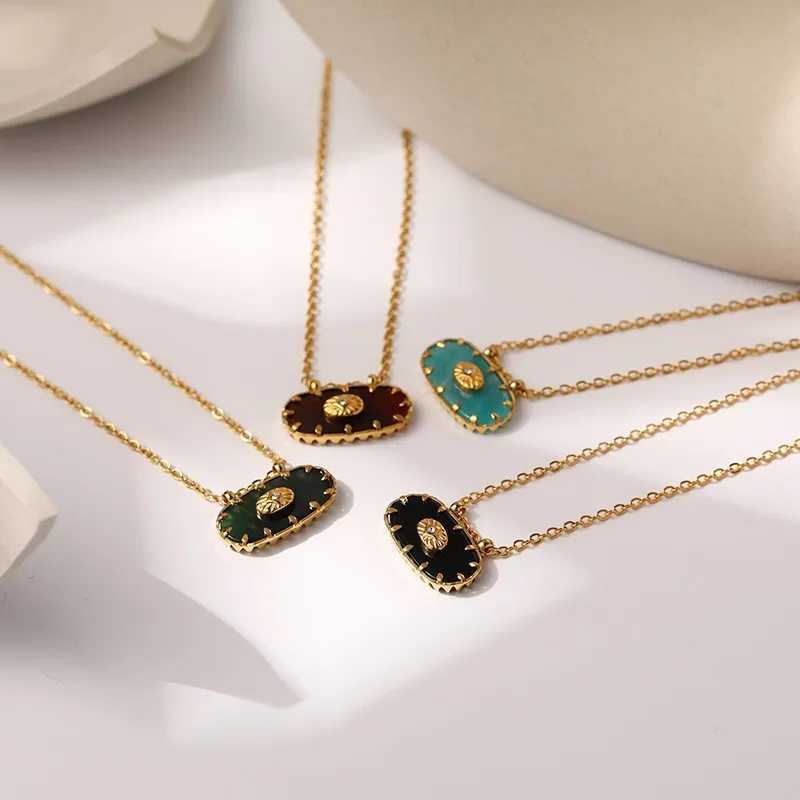 HangZhi Oval Natural Stone Resin Pendant Necklace Vintage Stainless Steel Clavicular Chain Europe America Jewelry for Women New