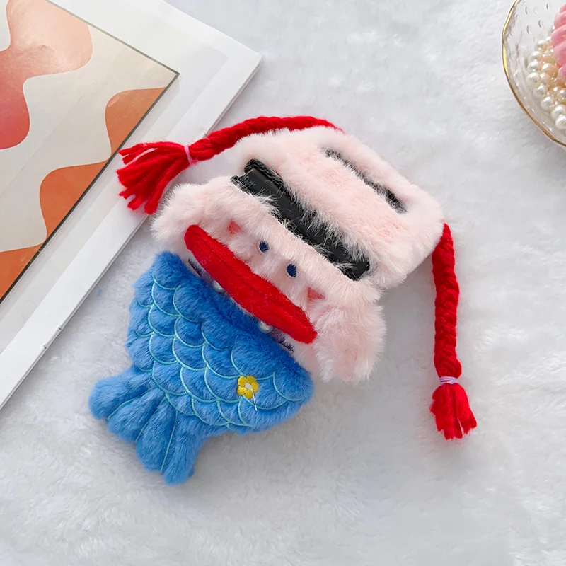 Case For Samsung Galaxy Z Flip 4 Z Flip 3 Plush Large mouth Braid Mermaid Mobile Phone Case Cover