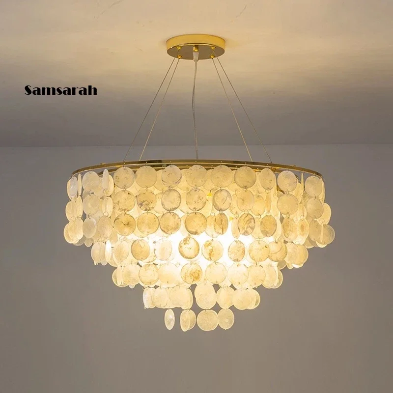 2024Shell Chandelier Gold Chrome Metal Restaurant Living Room Hanging Light Fixtures Hotel Hall Hanglamp Luminaire