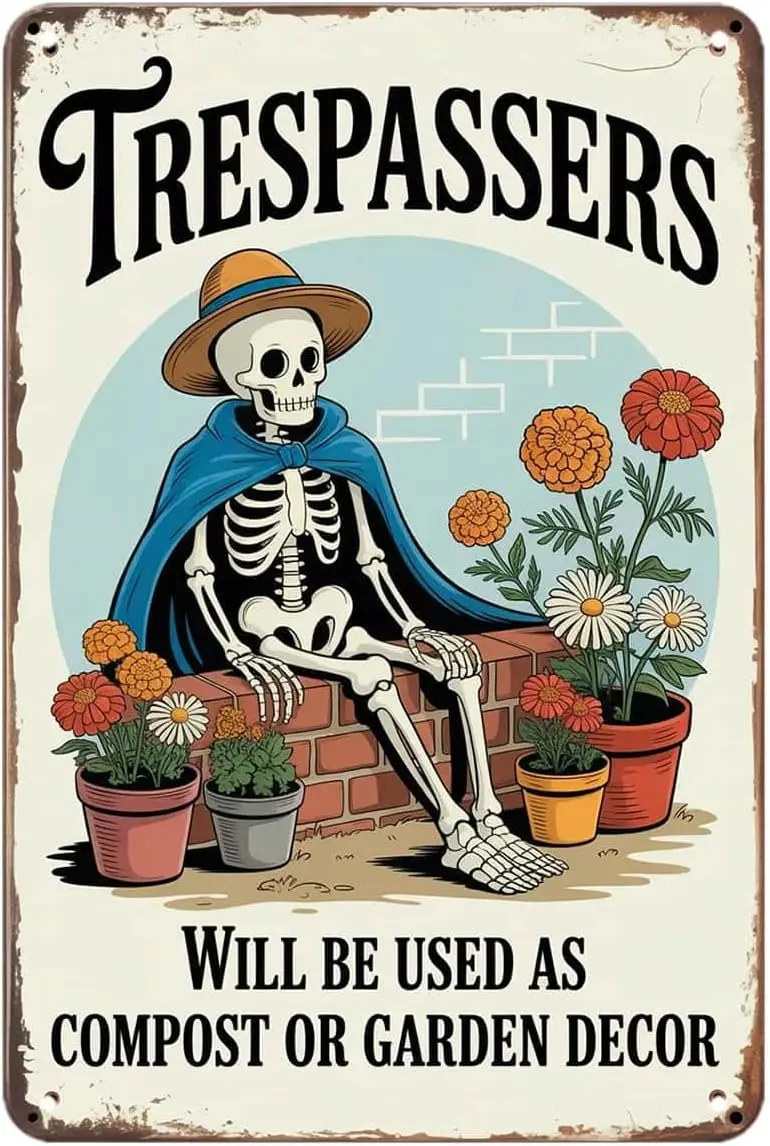 Funny Skeleton Gardener Tin Sign Trespassers Will Be Used As Compost Vintage Metal Signs Wall Decor for Kitchen Bar Cafe Bedroom