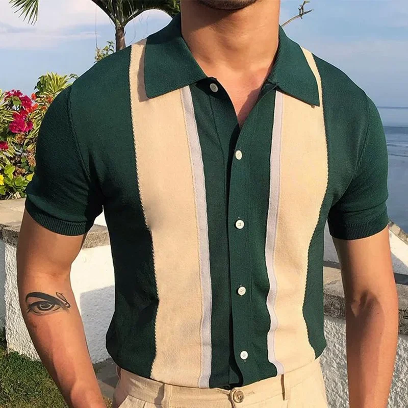 New Men's Lapel Contrast Color T-shirt Single-Breasted Cardigan Knitted Short-Sleeved Polo Shirt