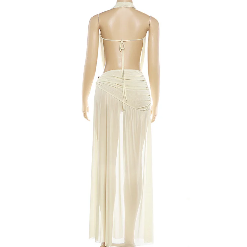 Women Sexy Club Party 2 Piece Set Swinging Collar Lace Up Halter Backless Tank Tops + Ruched Split Maxi Skirts Vacation Suits view 4