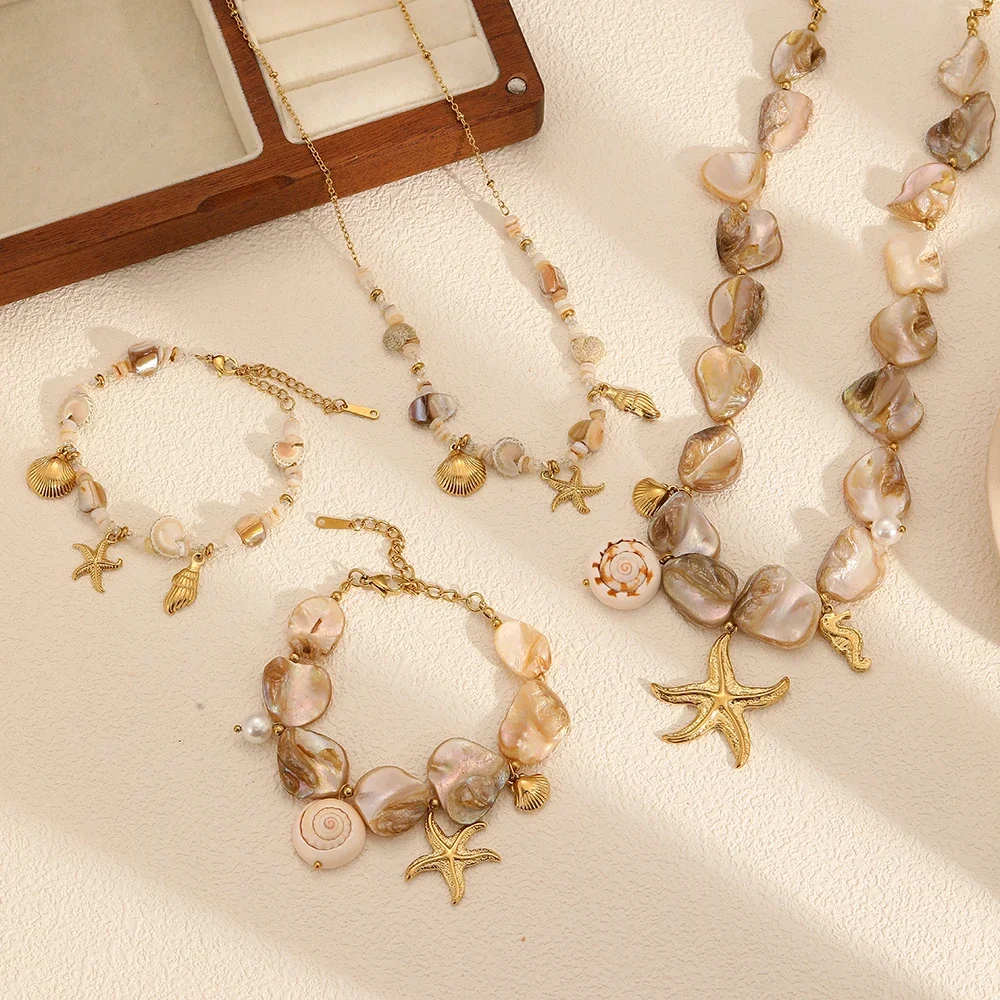 Fashion Personality Stainless Steel Shell String Starfish Pendant Necklace For Women Beach Waterproof Jewelry
