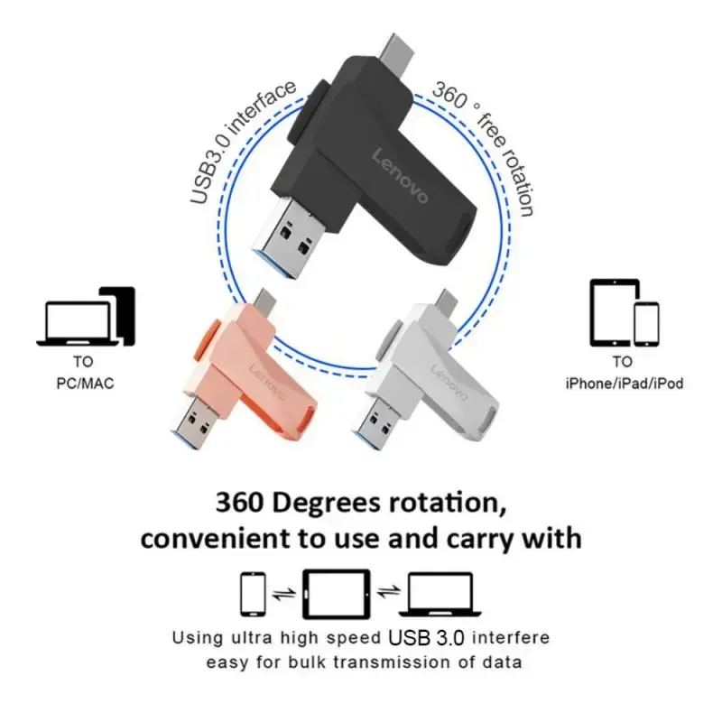 Lenovo-Type C USB Flash Drive, Disco de Memória, Pendrive, Disco de Memória, Chaveiro Livre para PC, OTG, 2 em 1, 128GB, 1TB, 2TB