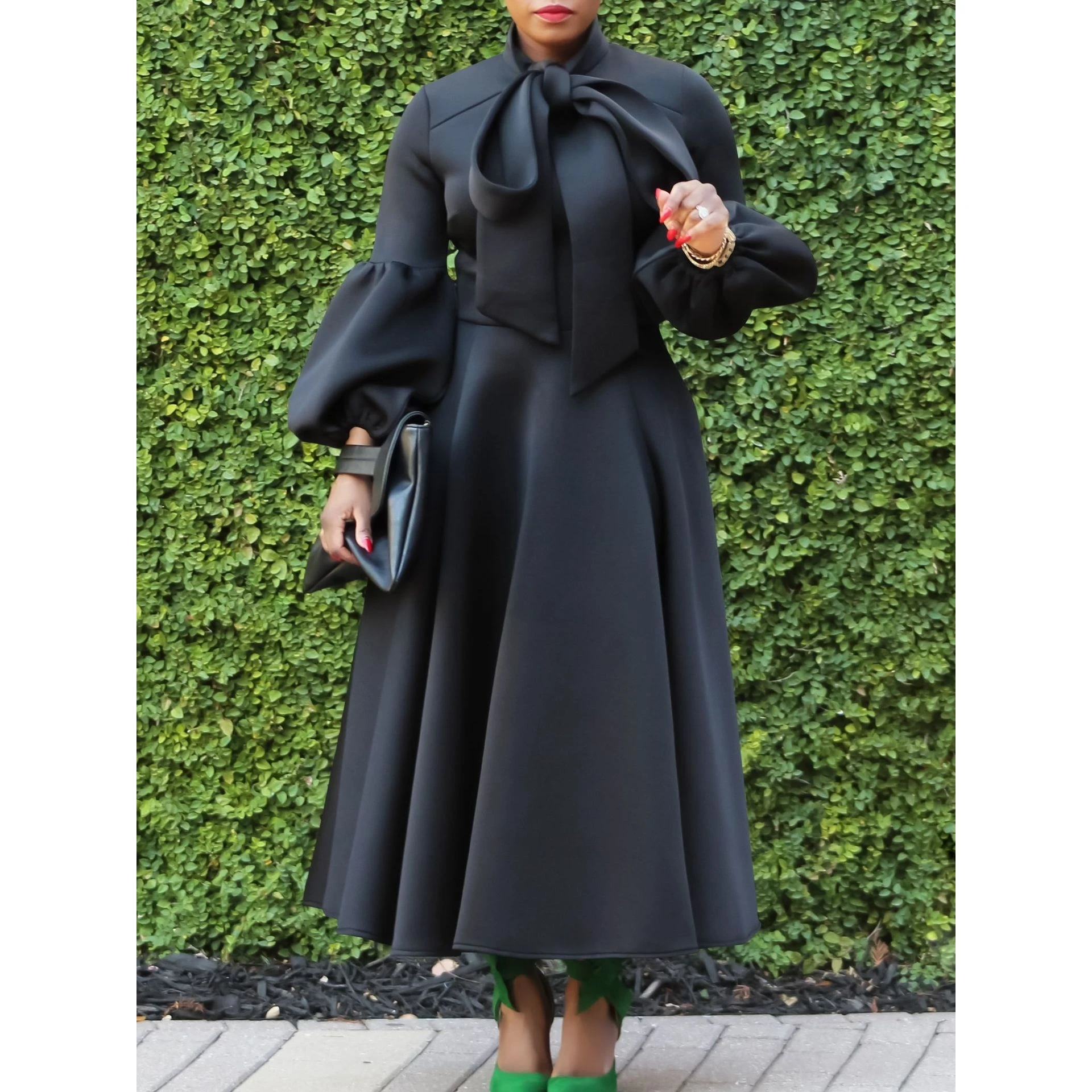 2024年春 ファッション ベルト付き ランタンスリーブ ハイウエスト ノット付き プラスサイズ マキシ丈 ロングスリーブ ポリエステル イブニングドレス