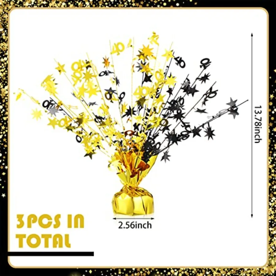 3個セット ハッピー40歳誕生日テーブルセンターピース 40周年結婚記念日パーティー用品 メタリックゴールドグリーム 40年記念用
