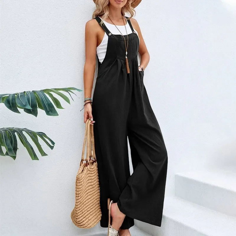 Vintage Cotton Linen Jumpsuit Women 2023 Casual Solid Button Wide Leg Suspender Pants with Pockets Summer Loose Overalls Rompers