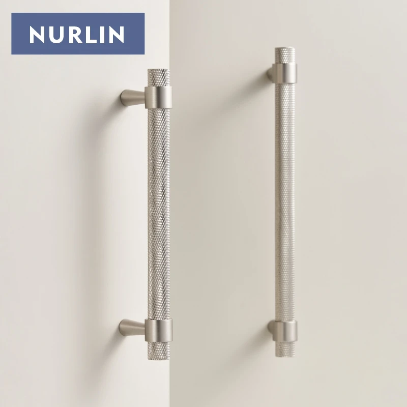 Nurlin Solid Brass Matte Nickel Brushed Silver Knurled Kitchen Cabinet Knobs Single Hole Handle T-bar Wardrobe Door Drawer Pull