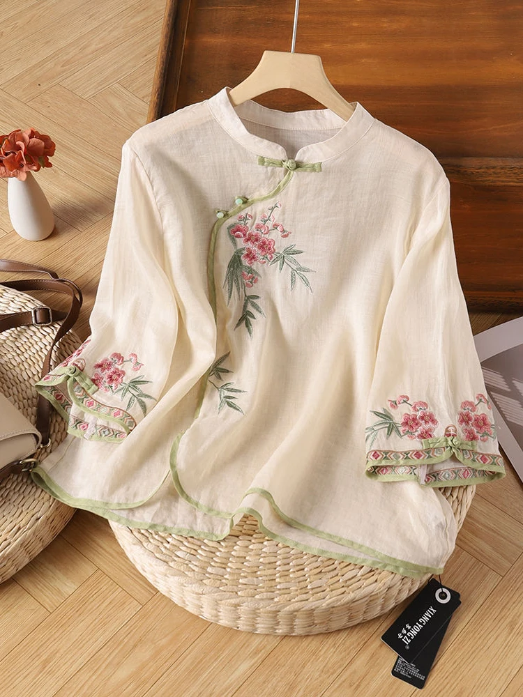 

Новая женская рубашка в этническом стиле с вышивкой, воротником на пуговицах, рукавом 3/4, из хлопка и льна, коллекция Лето 2026, винтажный дизайн, с богатой отделкой