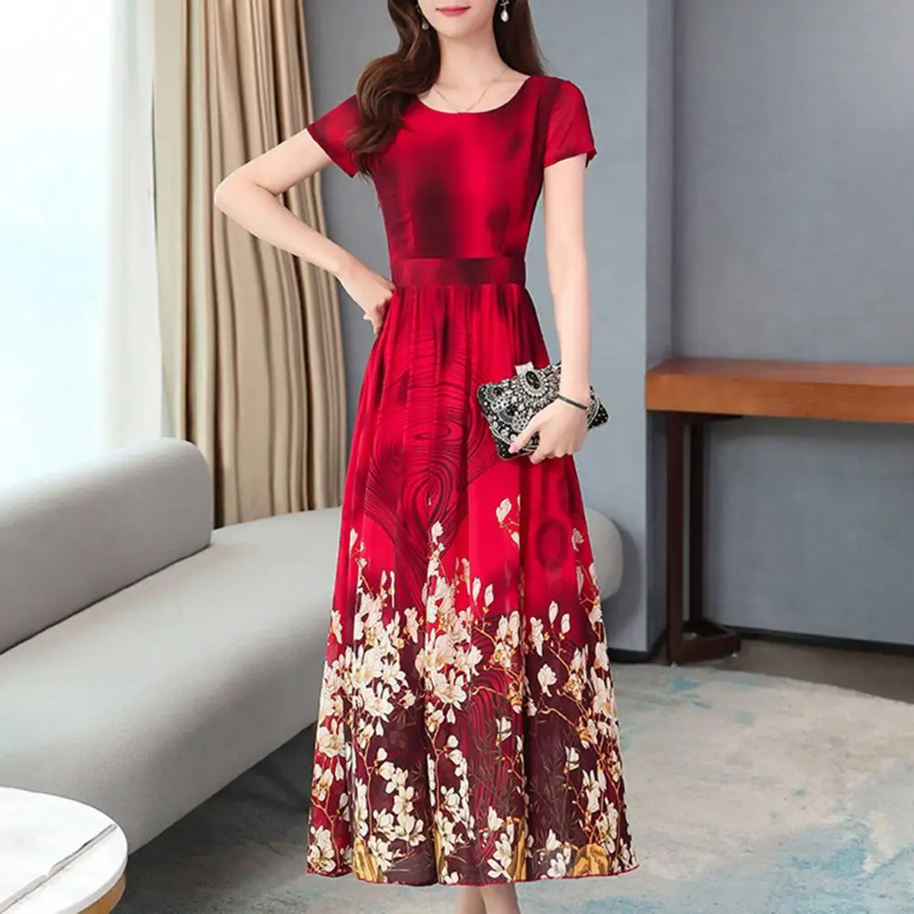 

Formal Dress Floral Print Large Hem Summer Dress Crew Necks Long Dress For Banquet