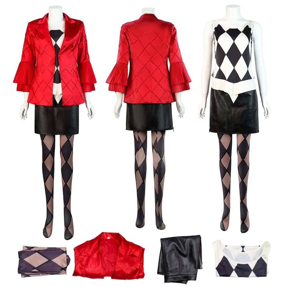 

Quinzel Cosplay Costume Dress Women Red Coat Black Skirts Long Stocking Outfit Halloween Carnival Disguise Suit For Female Adult