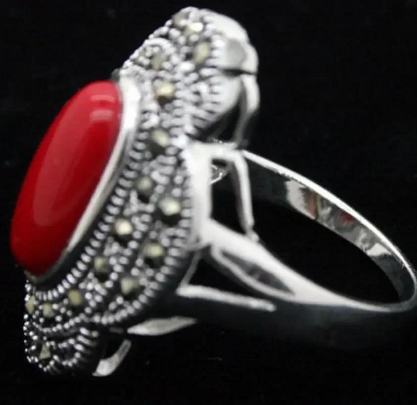 Fashion jewelry  24*16mm Vintage 925 Silver Oval Red Coral Marcasite Ring Size 7/8/9/10