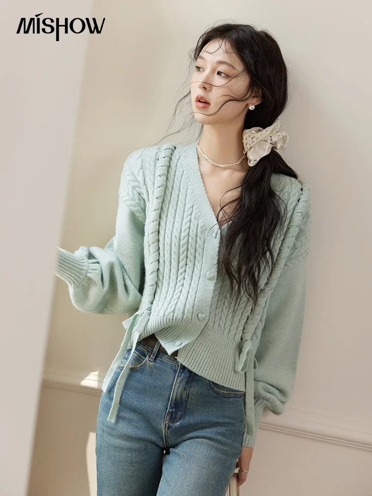 MISHOW Mint Green Knit Cardigan Women V-Neck Drop Sleeve Tops Casual Versatile Love Button Sweater Bow Tie Sweet Top MXD34Z0940