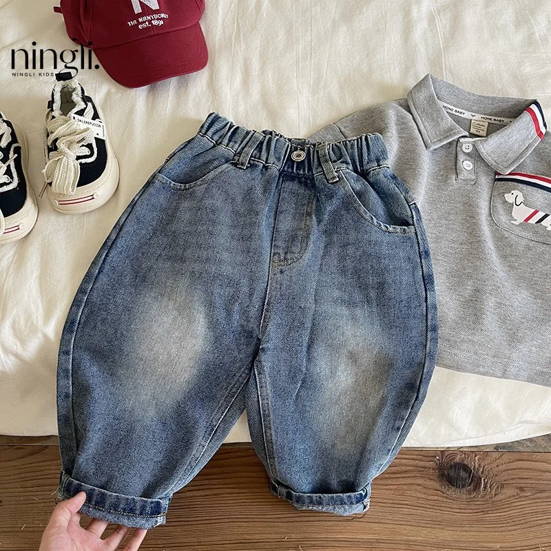 

Spot Goods！Retro Jeans New Boys Casual All-Matching Pants Girls Japanese Trendy Child Wide-Leg Pants