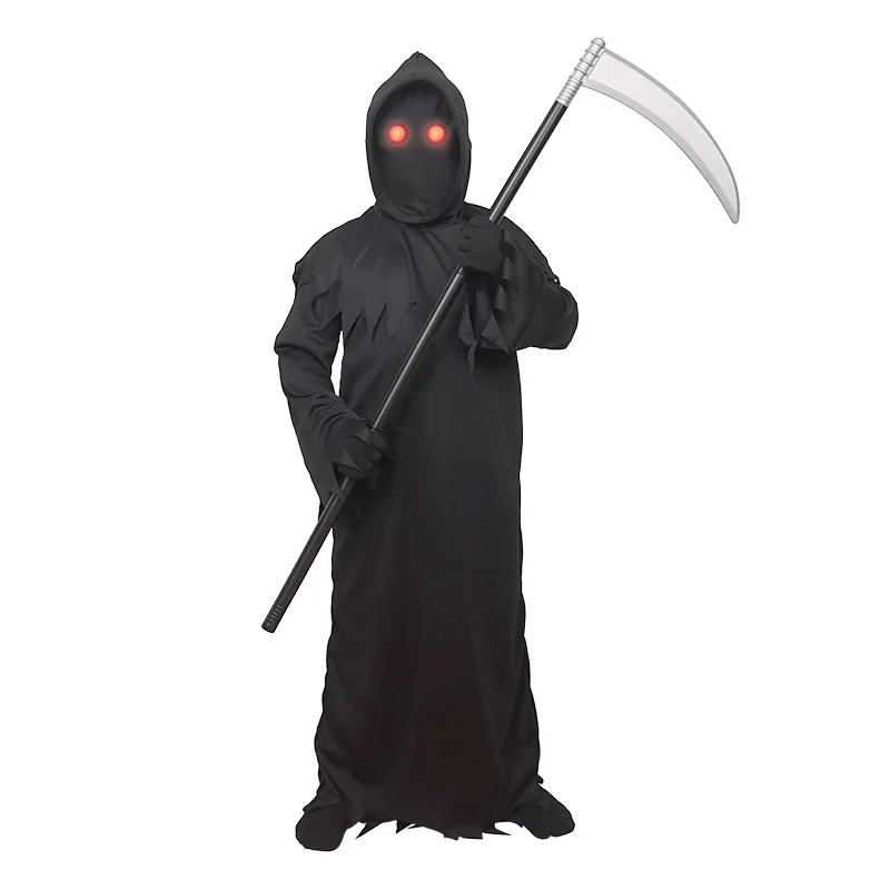 Halloween Grim Reaper Horror Costume Black Hat Weird Ghost Robe Red Eyes Sparkling Cosplay Party Include Mask Gloves