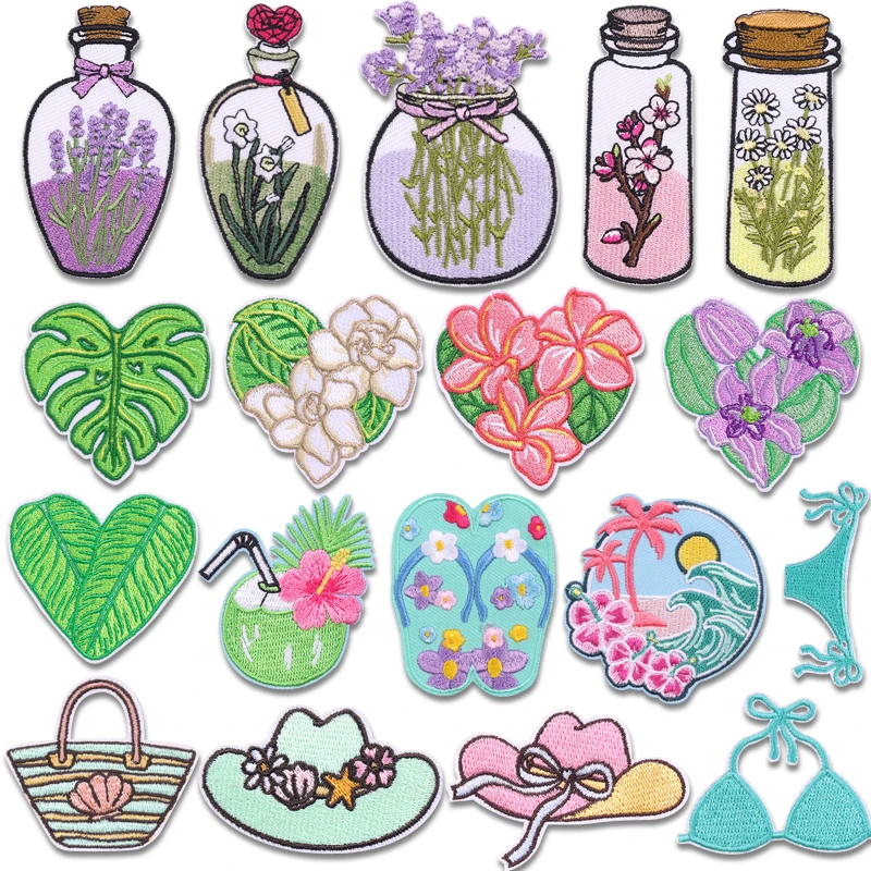Sommerlicher Resort-Stil Muschelblätter Lavendel Stickerei-Aufnäher Blumen-Aufbügelpatches für Kleidung DIY Thermoadhäsive Aufbügelbilder